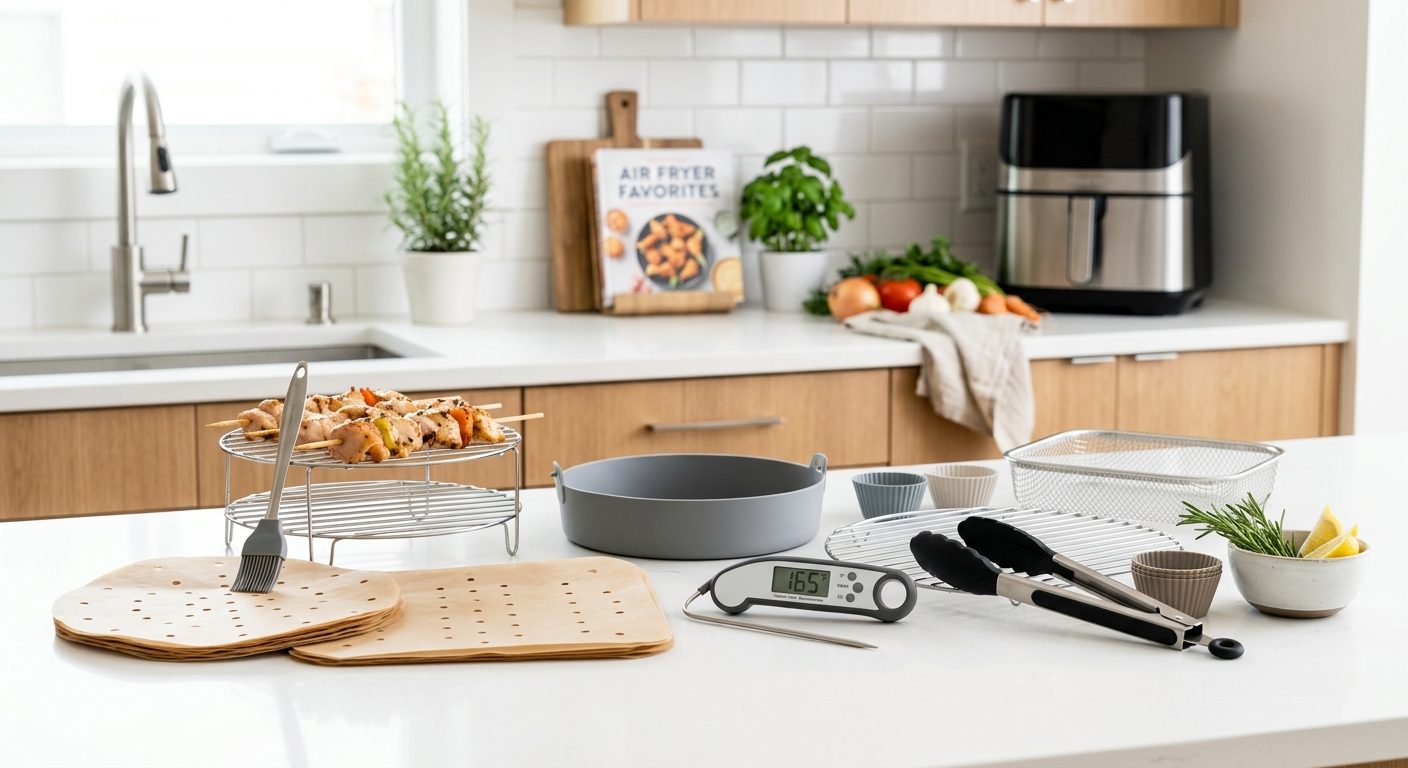 Stainless steel air fryer racks and silicone liners in close-up product photography
