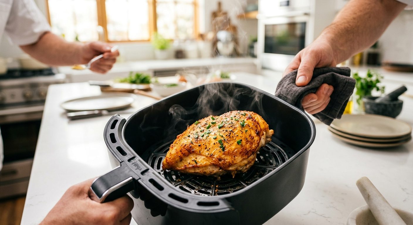 Sliced air fryer chicken breast with golden crispy exterior and juicy interior, fresh lemon and herbs