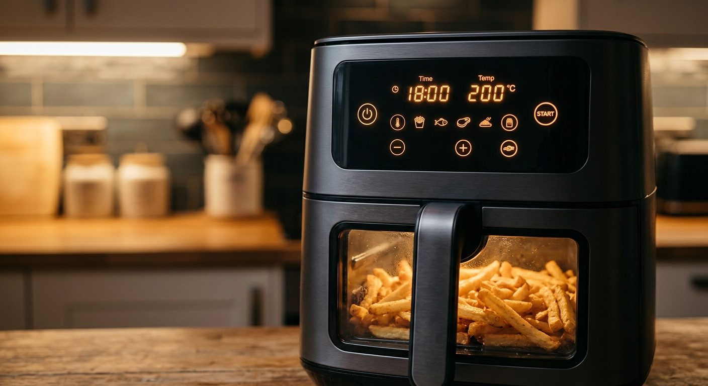 Close-up view of air fryer operation showing steam and air circulation during cooking
