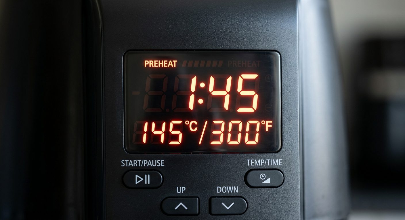 Close-up of air fryer digital control panel preheat countdown timer in sharp focus