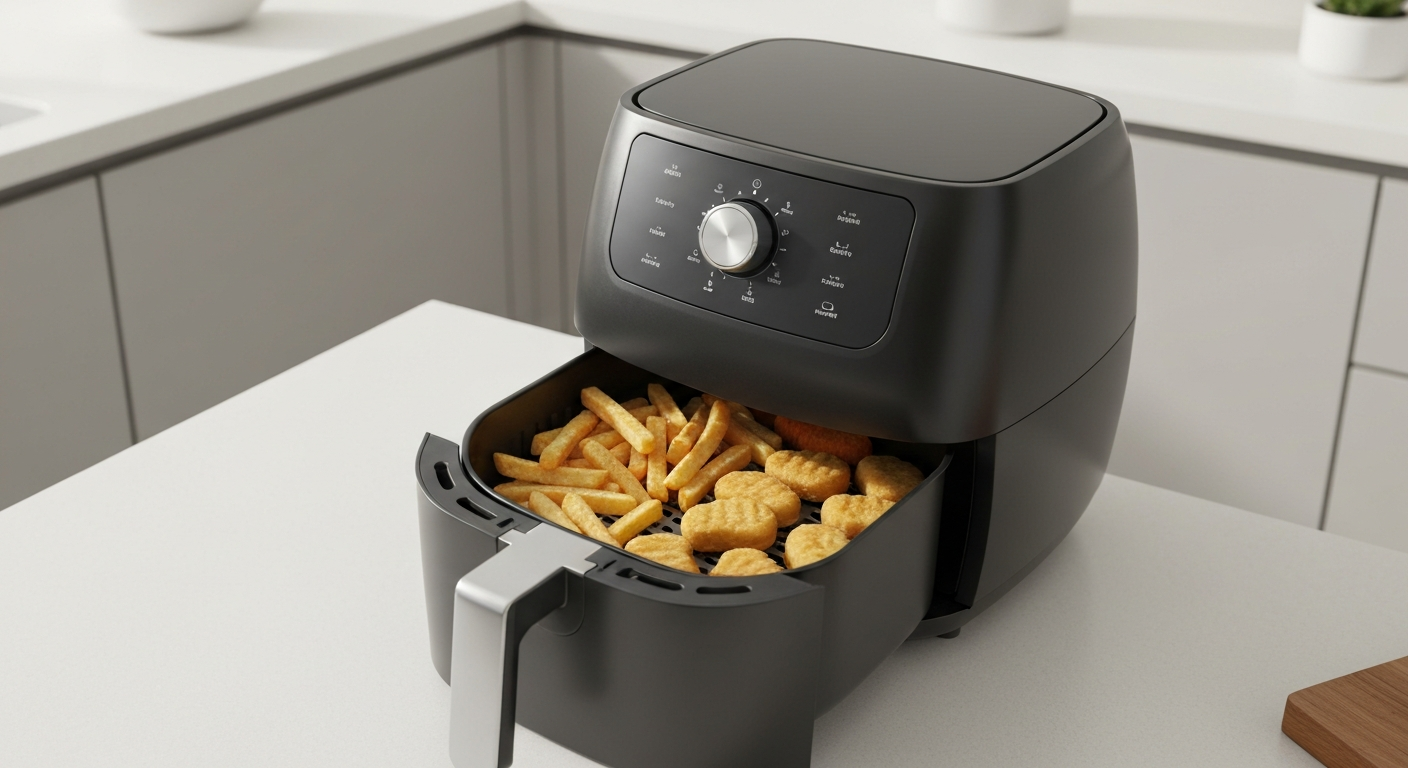 Modern kitchen countertop with sleek air fryer showing crispy golden frozen fries and chicken nuggets