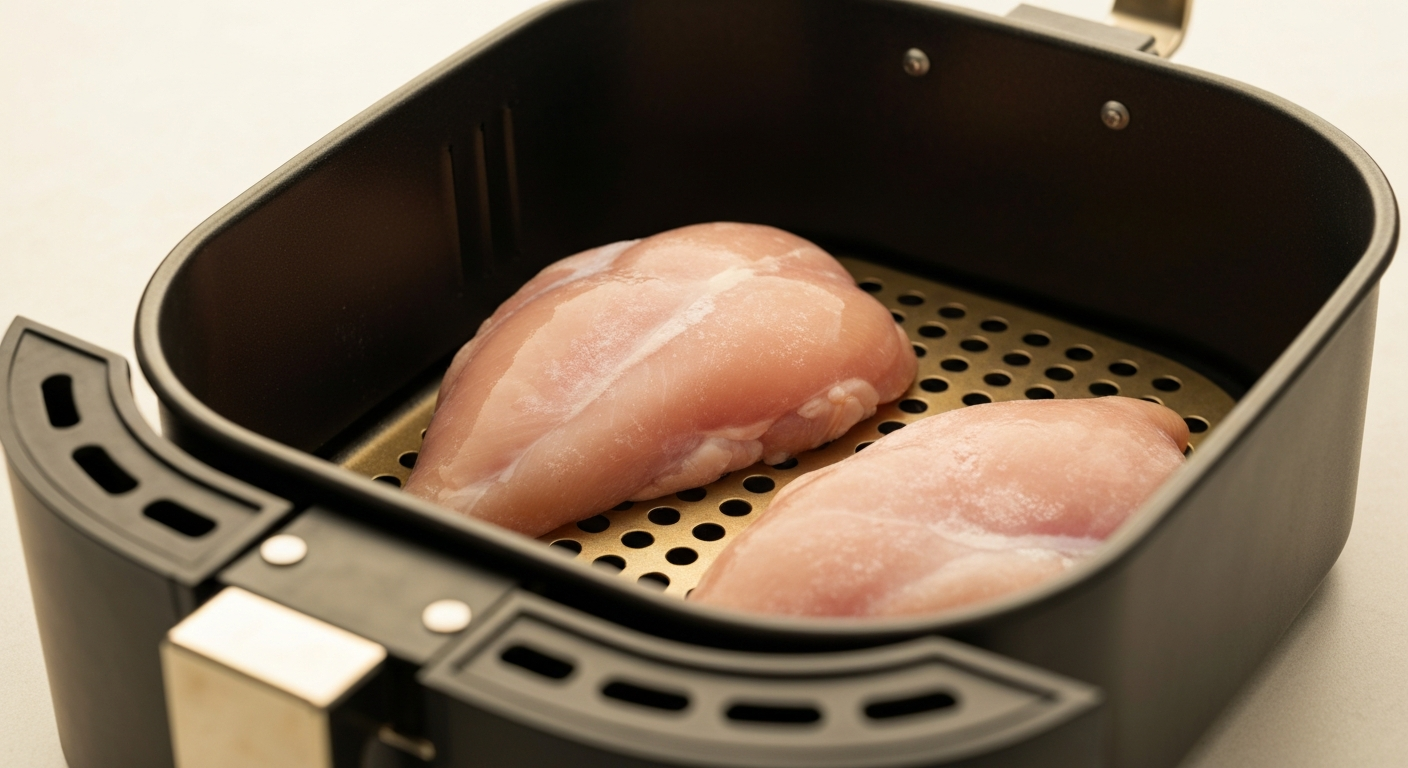 Frozen chicken breast fillets on perforated air fryer basket ready for cooking