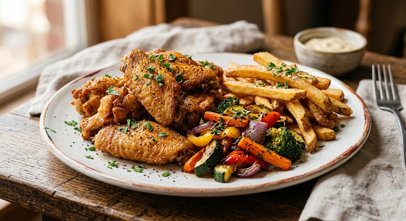 Family dinner spread with multiple air fryer baskets of cooked chicken, vegetables, and sides