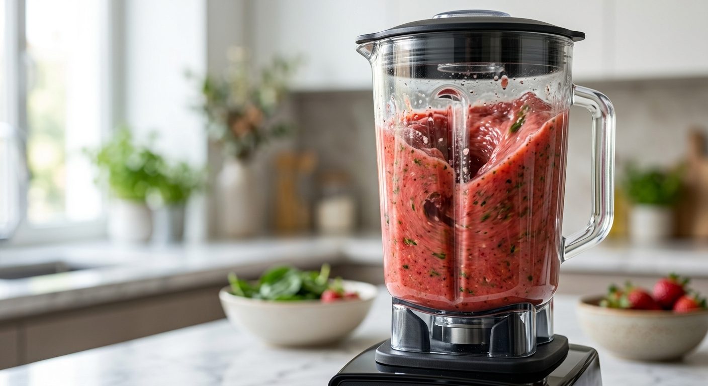Close-up of high-speed blender crushing ice and frozen fruits during blending
