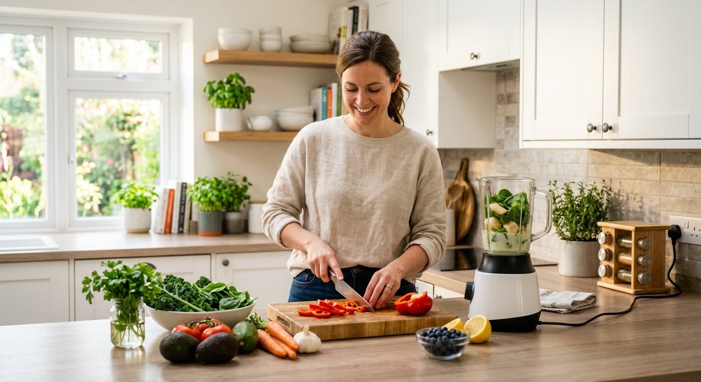 Bright kitchen scene showing woman preparing fresh green smoothie with fruit bowl and blended smoothie bowl ready