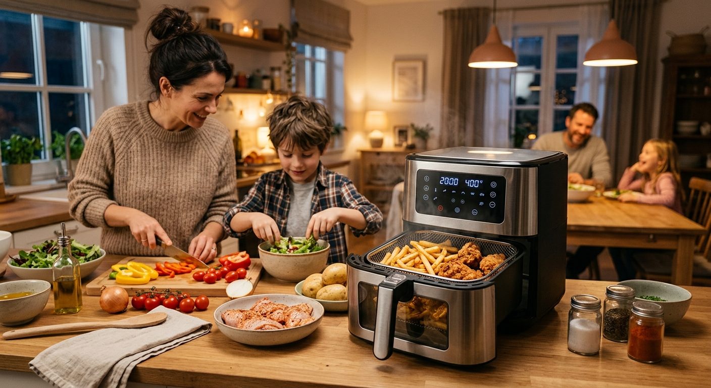 Family kitchen counter with air fryer preparing dinner with golden cooked food