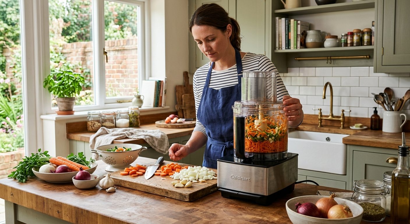 Kitchen prep station with food processor actively processing vegetables with fresh ingredients nearby