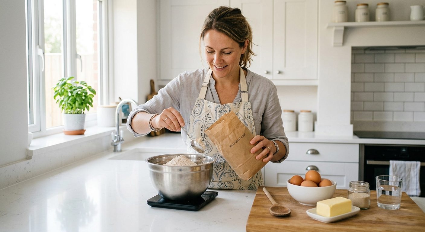 Woman in bright kitchen measuring flour into metal bowl on OXO scale with bread ingredients arranged nearby