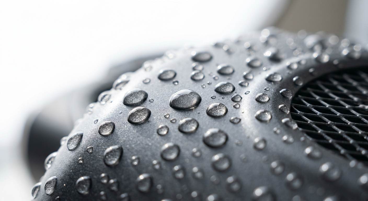 Close-up of pristine ceramic-coated basket with water beading on non-stick surface