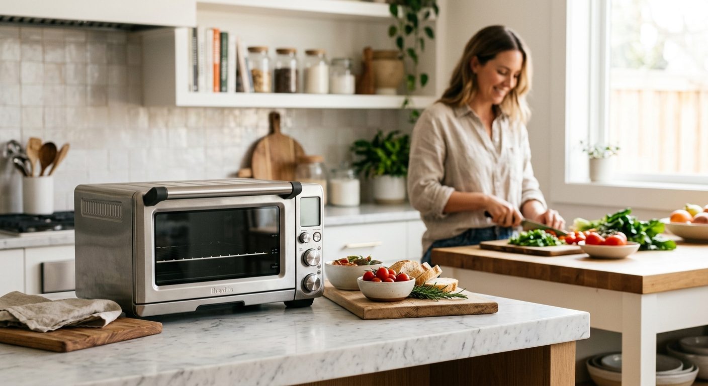 Woman in bright modern kitchen checking toasted food in toaster oven with natural light streaming through window