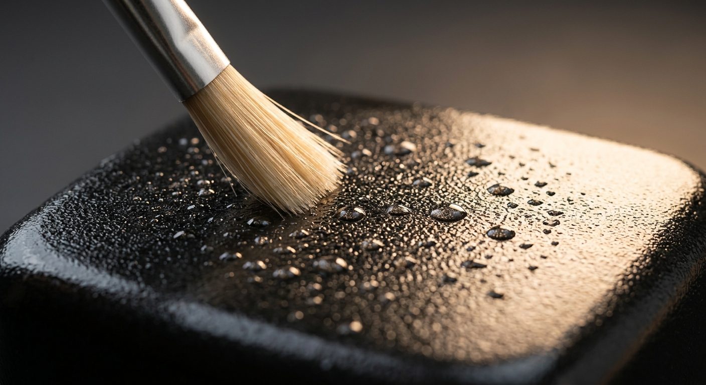 Close-up of clean air fryer basket's non-stick surface with water droplets