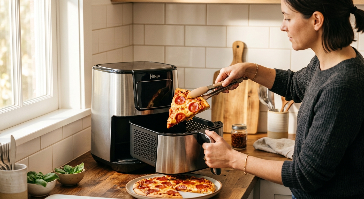 Woman removing perfectly reheated pizza slice from air fryer in bright kitchen
