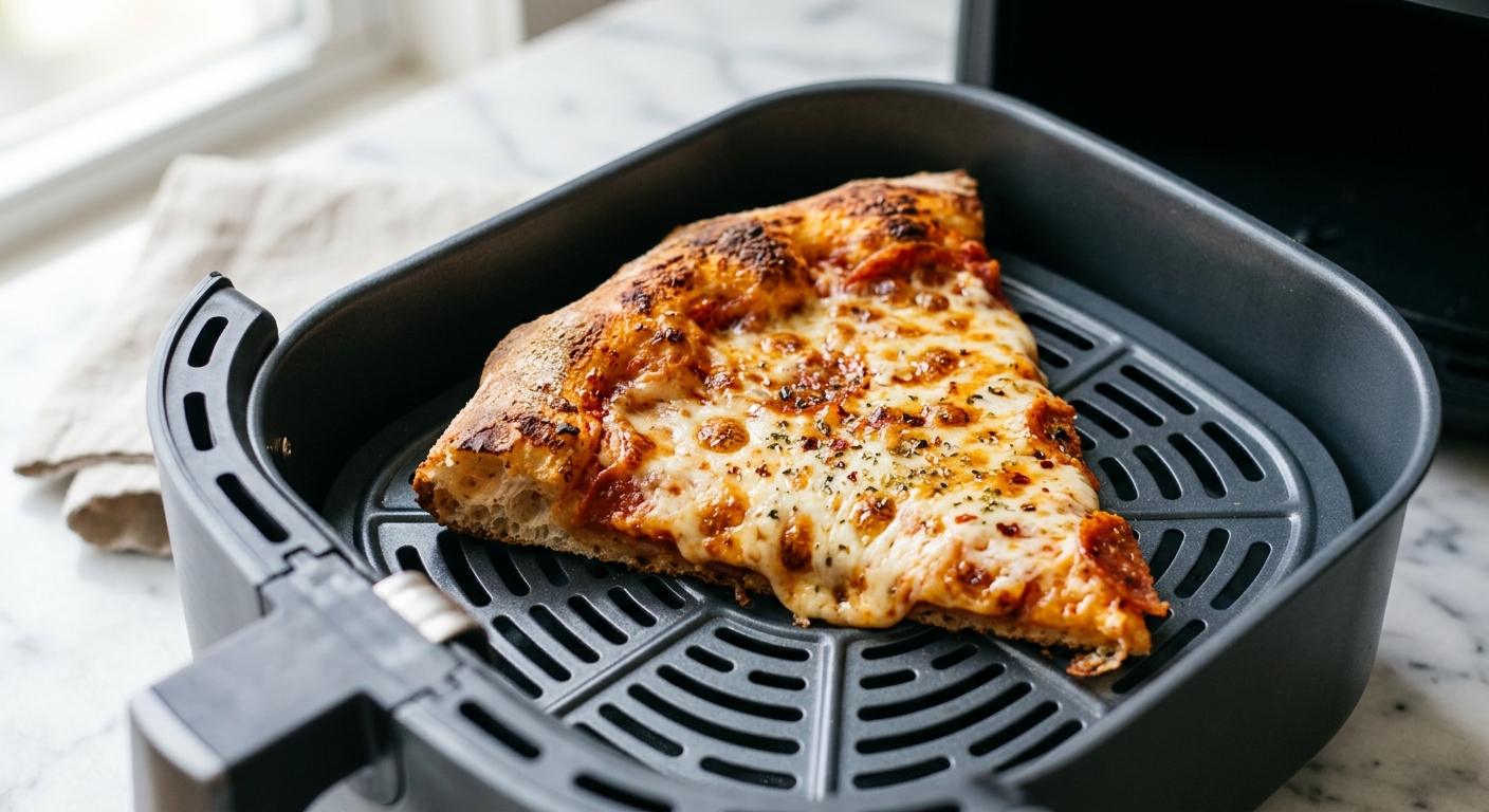 Golden-brown pizza slice with melted cheese and crispy crust in air fryer basket