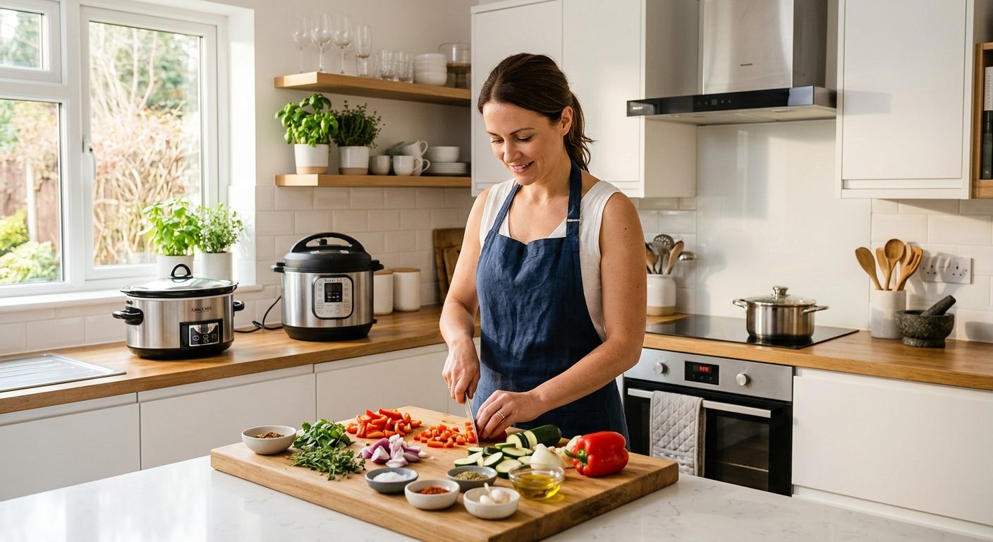 Family kitchen scene with mom checking Instant Pot at counter while kids do homework