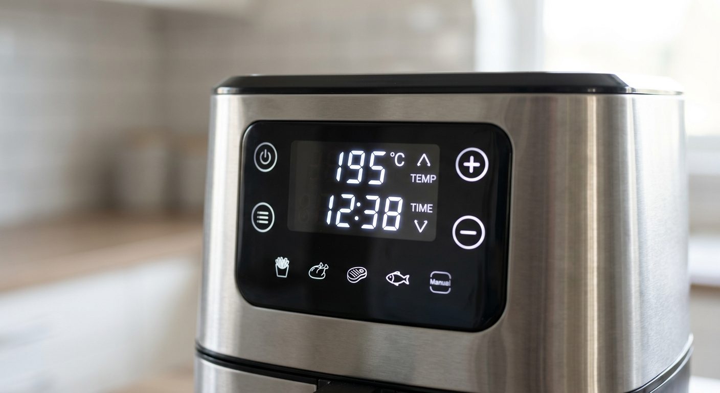 Close-up of air fryer digital control panel showing temperature accuracy and precise LCD display