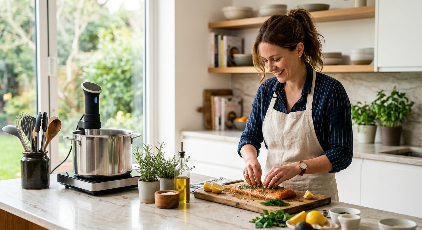 Woman prepping salmon in bright kitchen with sous vide machine and pot visible on marble counter