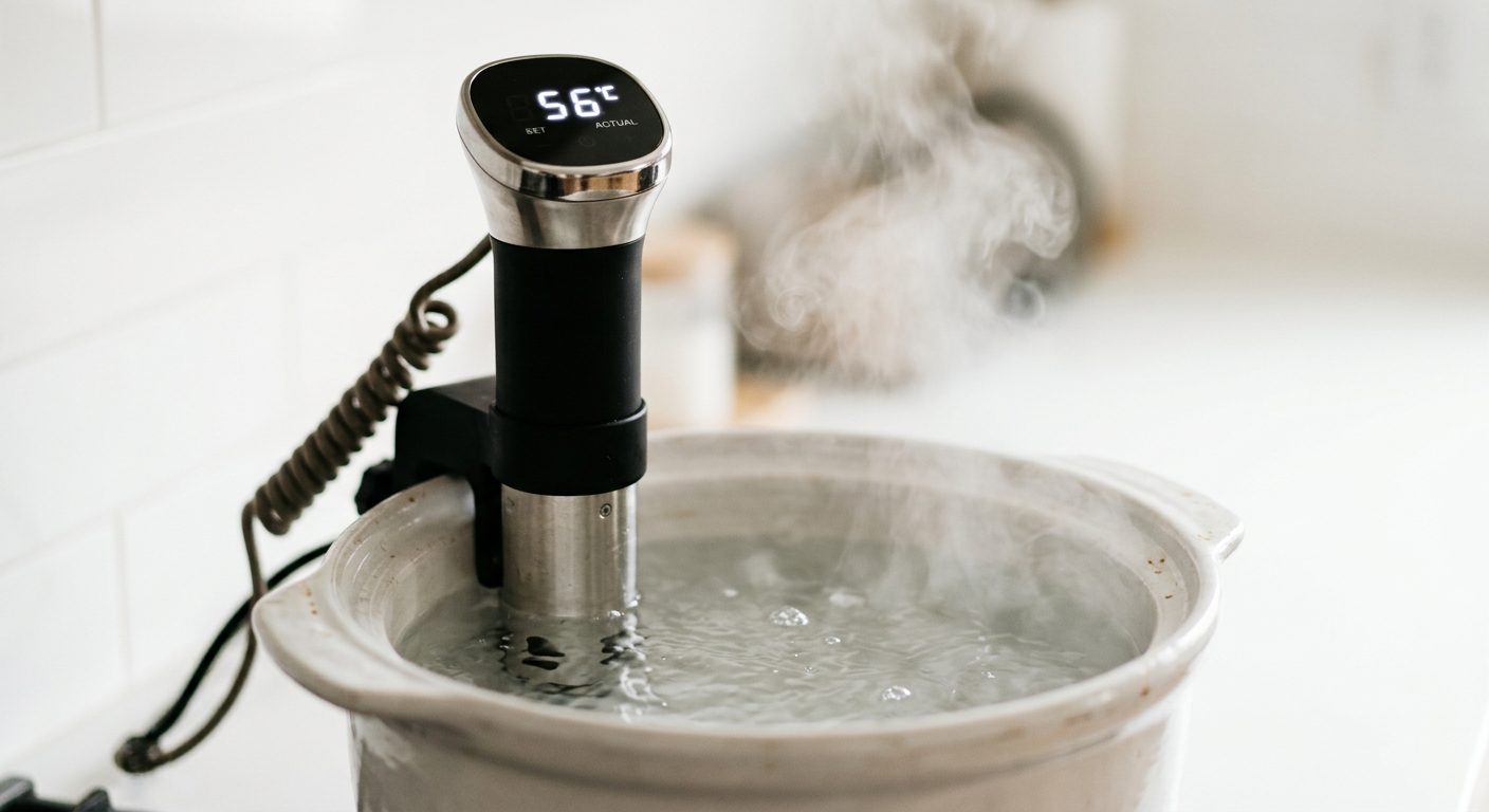 Stainless steel sous vide immersion circulator clipped to pot with water heating and steam visible