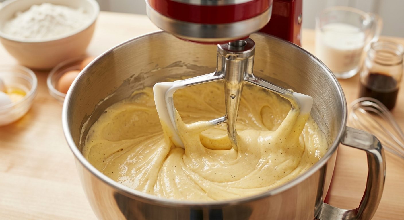 KitchenAid Flex Edge Beater paddle mixing smooth batter in metal bowl